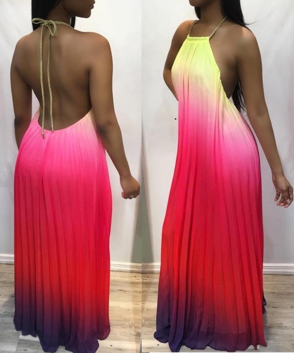 Colorful Gradient Halter Maxi Dress with Open Back