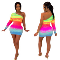 Sexy Colorful One Shoulder Mini Dress