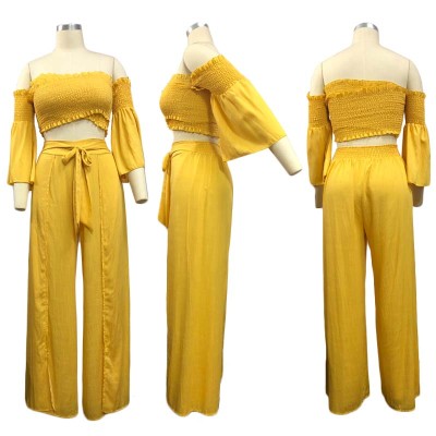 Two-Piece Yellow Wrapped Pants Set with Wide Sleeves