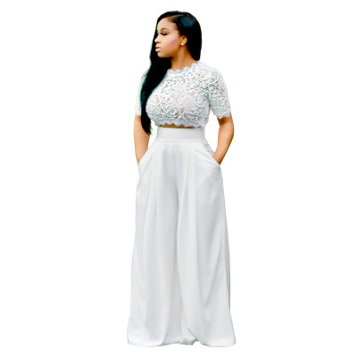 White Lace Top and White High Waist Wide Pants 26515-3