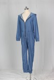 Long Sleeve Casual Denim Jumpsuit with Hood