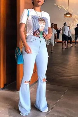 Light Blue Sexy High Waist Ripped Bell Jeans