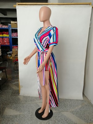 Colorful Stripped High Low Top with Belt