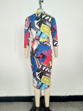 V-Neck Print Colorful Bodycon Dress