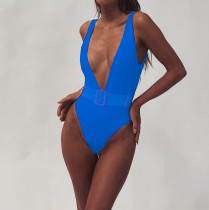 One-Piece Deep-V Swimwear with Belt