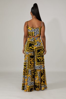 Print Retro Straps Crop Top and High Waist Trousers