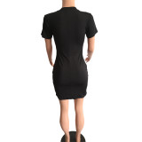 Print Black Short Sleeve Shirt Dress
