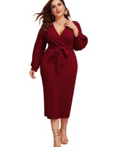 Plus Size Long Sleeve Red Wrap Midi Gown
