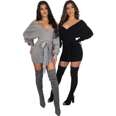 Sexy Bat Sleeving Wrapped Sweater Dress