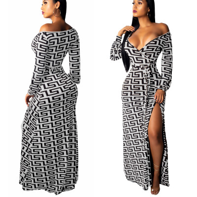 Long Sleeve Print Wrap Maxi Dress