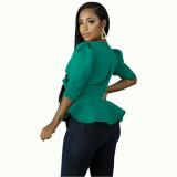 Sexy Plungging Peplum Top with Pop Sleeves