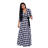 White and Black Print Maxi Dress with Sleeves