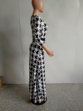 White and Black Print Maxi Dress with Sleeves