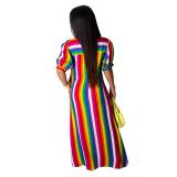Colorful Stripes Long Dress with Belt