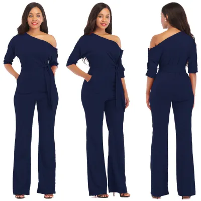 One Shoulder Plain Jumpsuit with Waist Belt