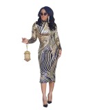 Gold and Black Sequin Long Sleeves Midi Dress