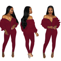 Front-Zipped Off Shoulder Jumpsuit with Pop Sleeves