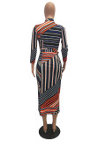 Multi-Color Stripped Midi Dress with Sleeves