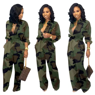 Cusual Long Sleeves Camou Jumpsuit with Belt