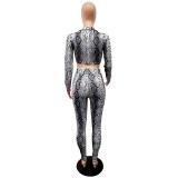 Two-piece Snake Skin Print Long Sleeve Top and Tight Leggings Set