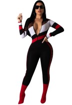 Zipped Up Contrast Long Sleeve Bodycon Jumpsuit