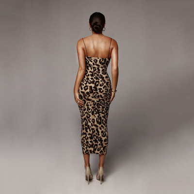 Leopard Print Straps Slim Long Dress