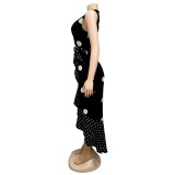 White and Black Polka Wrapped Long Dress