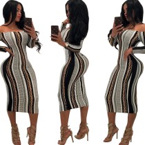 Off Shoulder Stripped Print Bodycon Dress with Sleeves