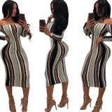 Off Shoulder Stripped Print Bodycon Dress with Sleeves