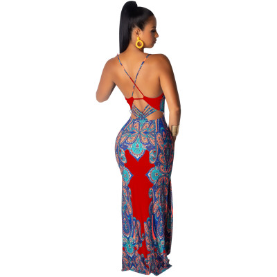 Print Retro Straps Long Dress