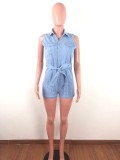Button Up Sleeveless Denim Rompers with Belt