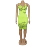 Sexy Backless Print Green Straps Bodycon Dress