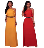 Pure Color Cross Back Straps Long Dress with Ruffles 26439-2