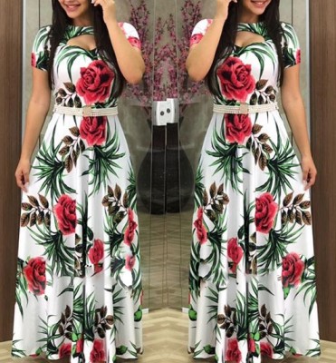 Flower Print Cut Out Short Sleeve Maxi Dress