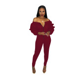 Front-Zipped Off Shoulder Jumpsuit with Pop Sleeves