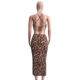 Leopard Print Sexy Halter Midi Dress