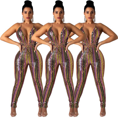 Multi-Color Stripped Sequins Halter Jumpsuit