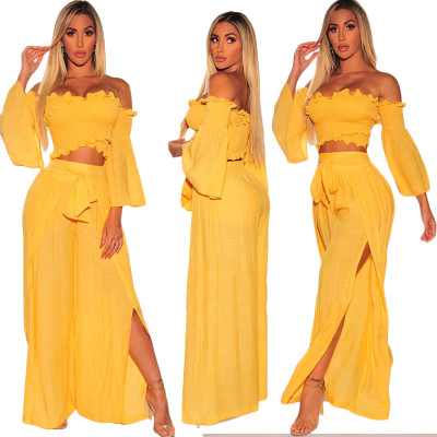 Two-Piece Yellow Wrapped Pants Set with Wide Sleeves