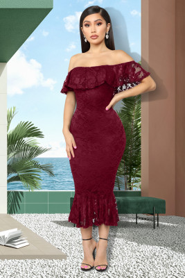 Off Shoulder Red Lace Mermaid Dress
