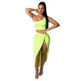 Green One Shoulder Bra and Irregular Long Skirt