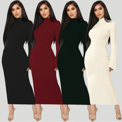 Plain Knitted Long Dress with Lace Up Wide Sleeves