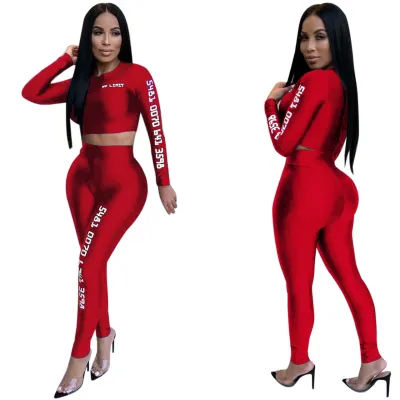 Letter Print Long Sleeve Tight Sports Top and Pants