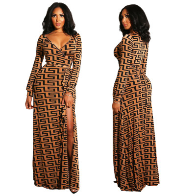 Long Sleeve Print Wrap Maxi Dress