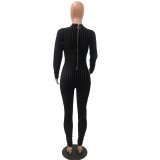 Sexy Zipper Up Stripes Long Sleeve Bodycon Jumpsuit