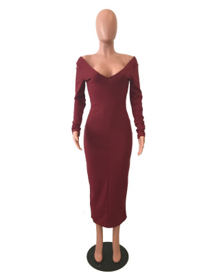 Open Shoulder Sexy V-Neck Knitted Long Sheath Dress 26899-2