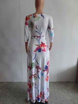 Print 3/4 Sleeves Wrapped Maxi Dress