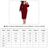 Plus Size Long Sleeve Red Wrap Midi Gown
