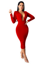 Deep-V Sexy Long Sleeve Pure Midi Dress