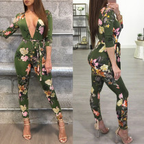 Deep-V Sexy Floral Jumpsuit with Sleeves 28088-1