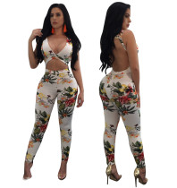 Sexy Floral Waist Cutout Backless Tight Jumpsuit 25968